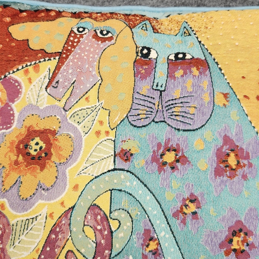 Laurel Burch Cat Dog Twisted Tail Tapestry Square Throw Pillow Faux Suede 17x17 - Picture 2 of 7